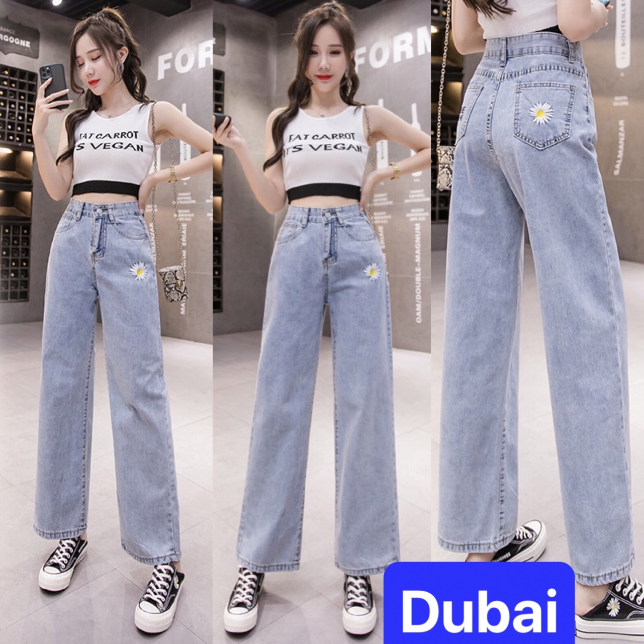 QUẦN BAGGY JEAN NỮ XANH CHẤT BÒ HOA CÚC NHẬT BẢN ỐNG RỘNG DÀI LƯNG CAO NÂNG MÔNG HÀN QUỐC DB-321 CAO CẤP - DUBAI FASHION