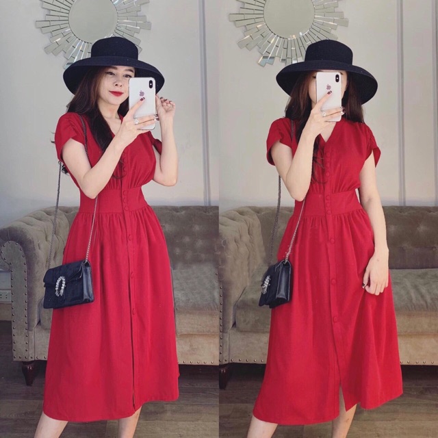 Đầm tay con nút bọc 3 màu