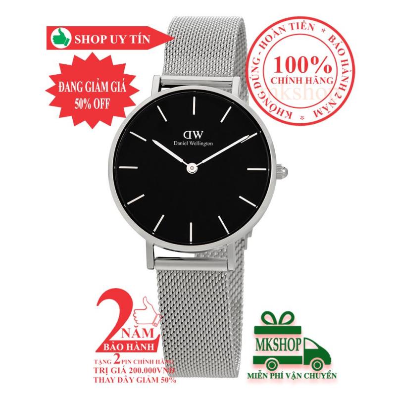 Đồng hồ nữ DW Classic Petite Sterling -size 32mm - Màu trắng bạc (Silver), mặt đen (Black) DW00100162