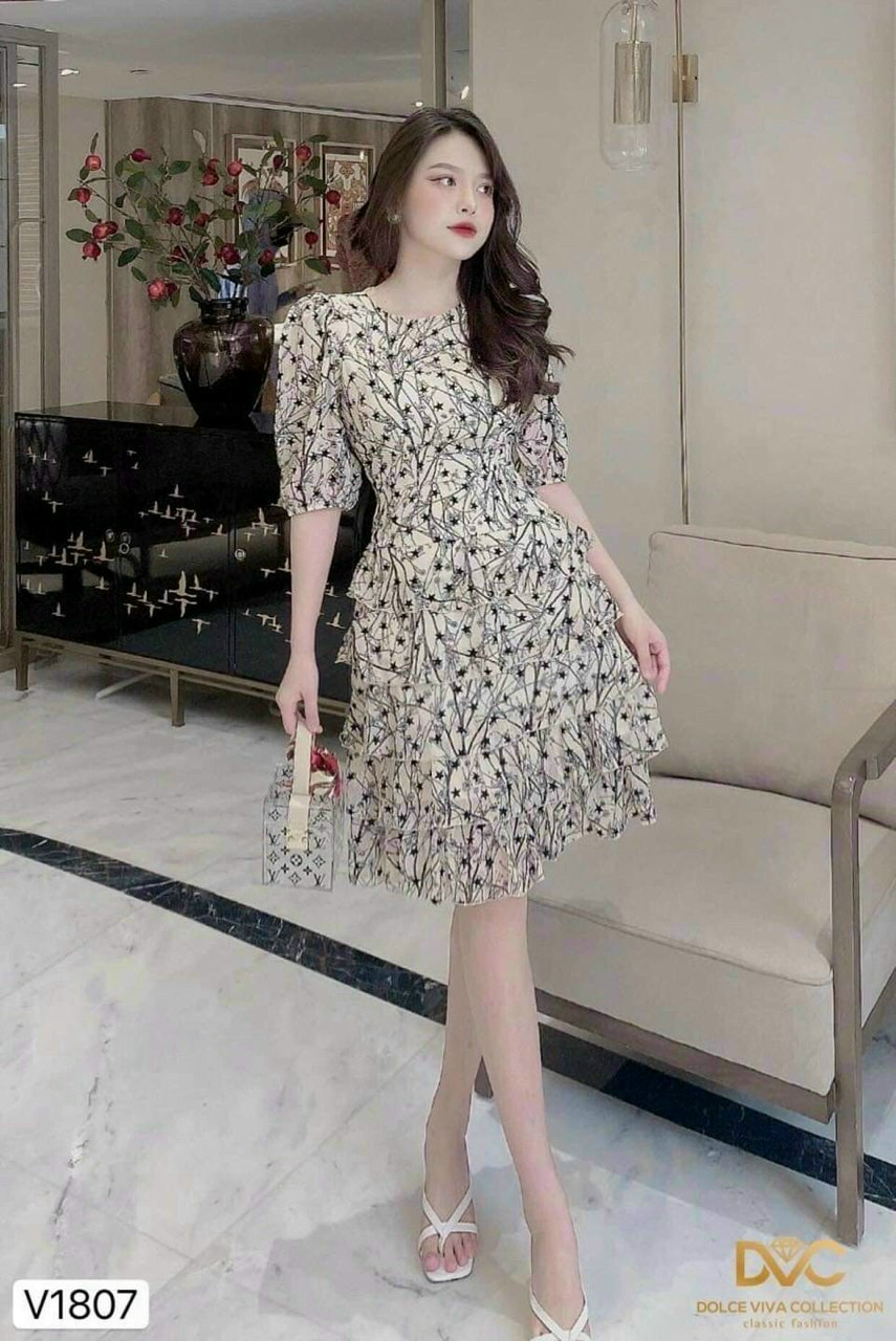 [HCM]Đầm voan hoa cổ trụ tay dài cực sang