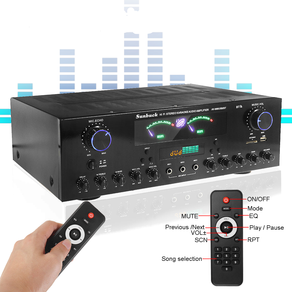 Amply Karaoke Gia Re, , Amply công suất lớn Sunbuck AV-999USB/BT 900W, 7 kênh, màn hình hiển thị kép HiFi, kết nối bluetooth 5.0, hỗ trợ 3 micro, đầu vào AUX. Bảo hành 12 tháng