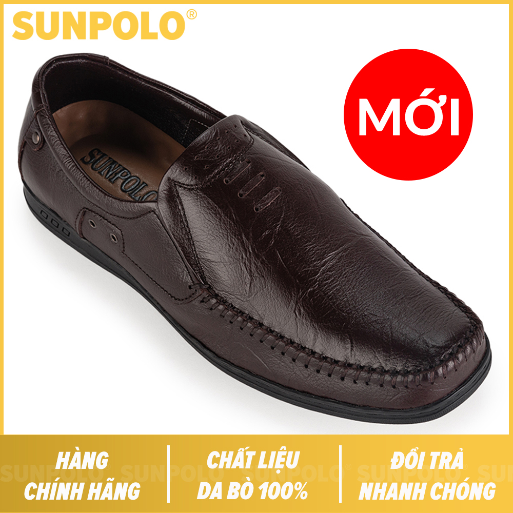 Giày mọi nam da bò SUNPOLO LS2098 (Nâu) Phiên bản mới cải tiến đế giày