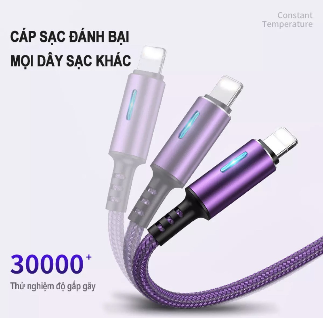 Cáp sạc iphone/Android sạc nhanh, hiển thị đèn LED dây dù siêu bền