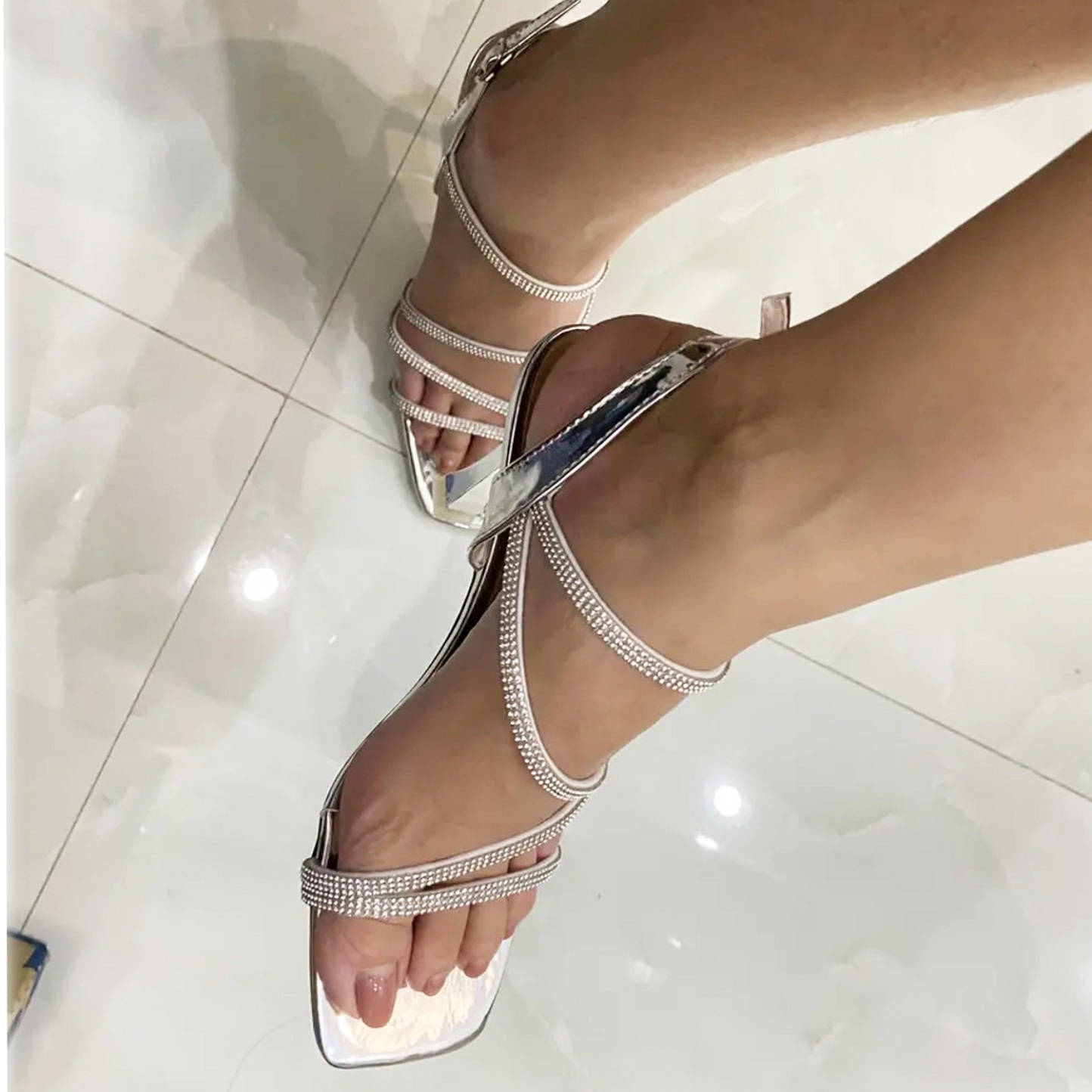 giày cao gót nữ sandal 4 dây đá 8 phân (BẠC)