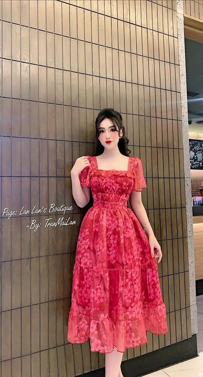 Đầm xòe tay ngắn họa tiết hao đào xinh xắn