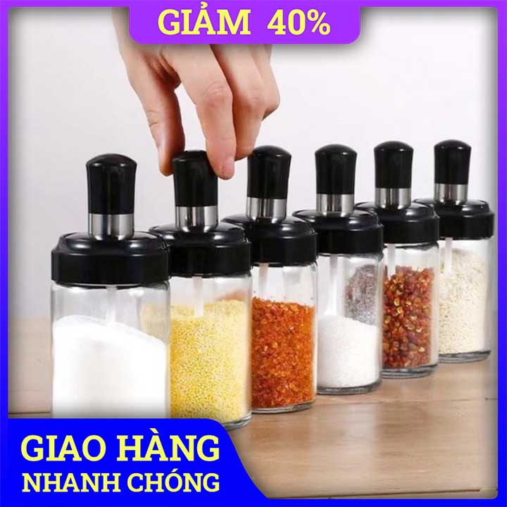 Lọ Gia Vị Nhà Bếp - Set 3 Hũ Đựng Gia Vị Thủy Tinh Kèm Thìa Muỗng Tiện Lợi