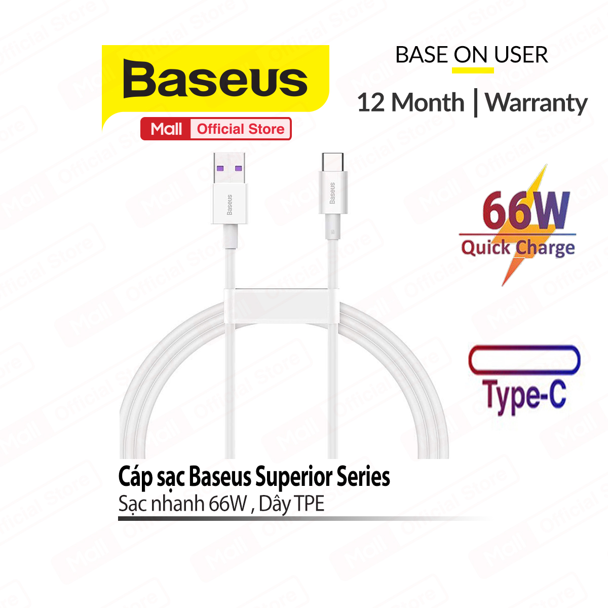 Cáp sạc Baseus Superior Type-C sạc nhanh 66W data 480Mbps dây TPE siêu bền cho Android/Samsung/Huawei/Xiaomi