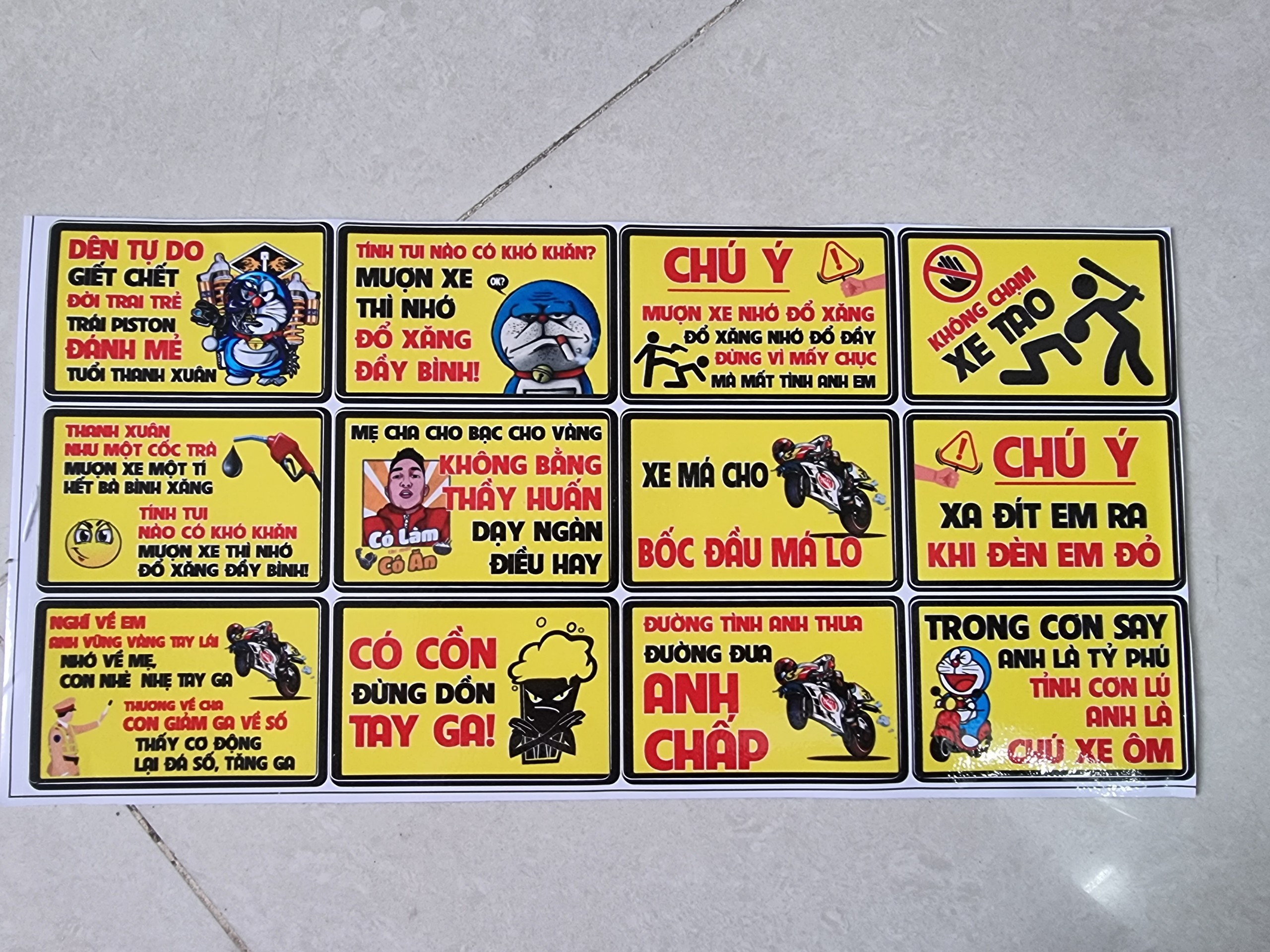 Tem logo cảnh báo sticker vui nhộn trọn bộ18x25cm