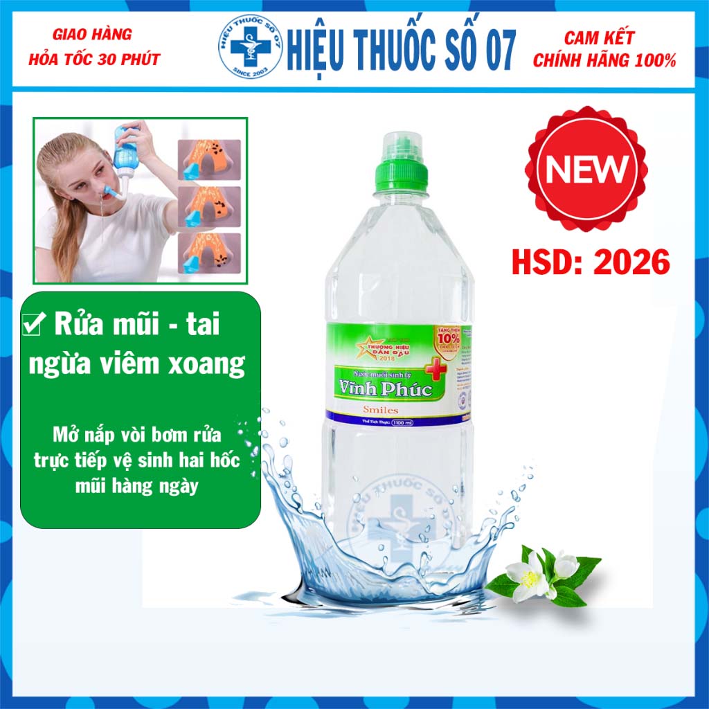 Nước Muối Sinh Lý Vĩnh Phúc Natri Clorid 0.9% Rửa Mũi Sát Khuẩn Chai 1000ml