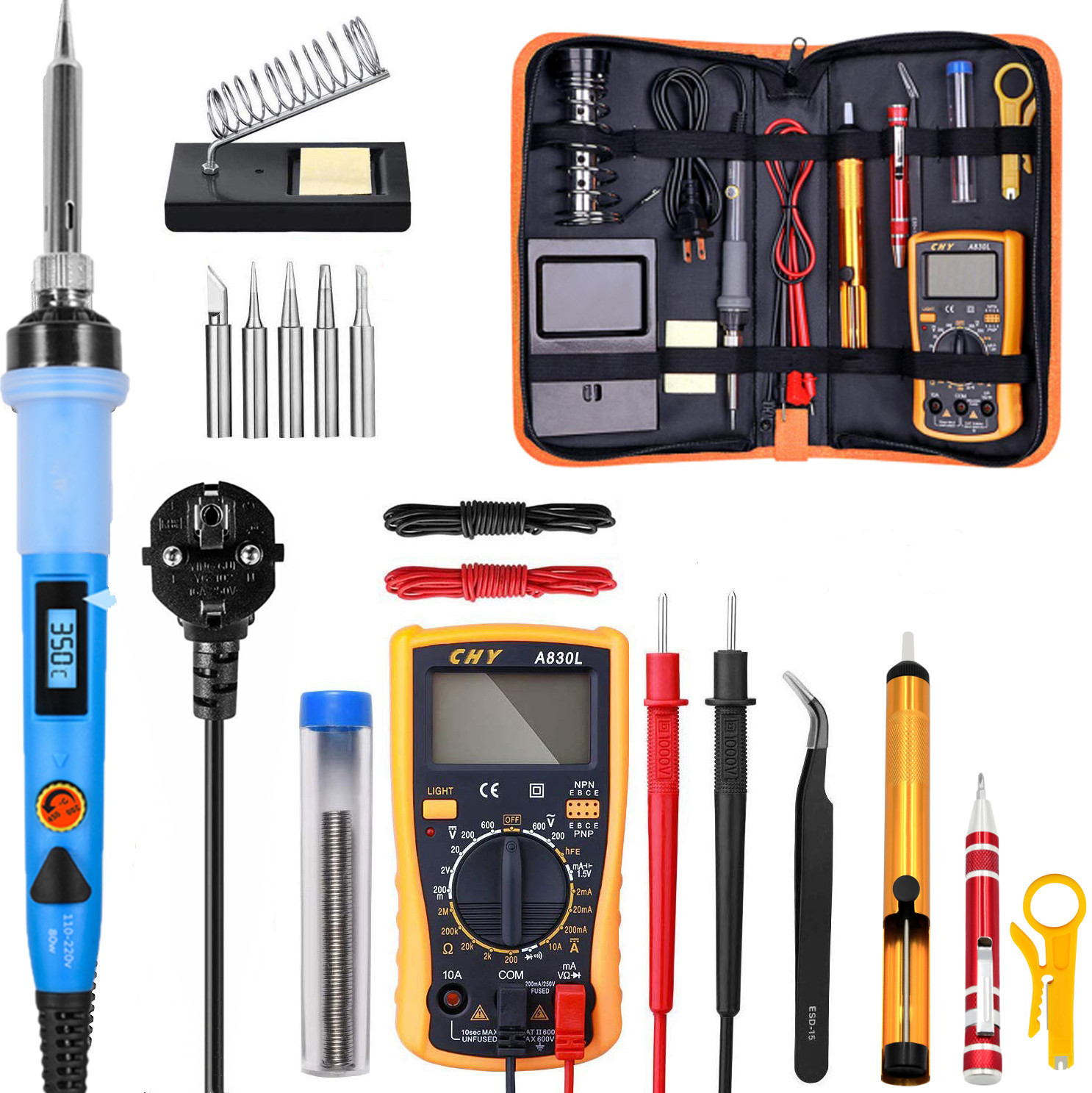 80W Soldering Iron Set Portable Digital LCD Soldering Iron Kit Electric Soldering Iron With On-Off Switch Desoldering Pump Soldering Iron Station Soldering Iron Tools With tools