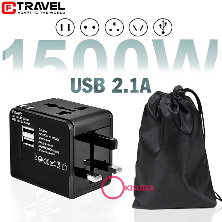 Adapter chuyển ổ cắm du lịch 2 cổng USB 2.1A túi kéo