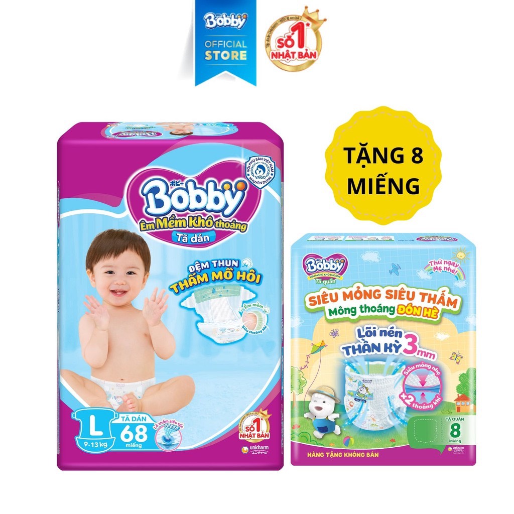 Bĩm dán bobby siêu thấm mẫu mới tặng kèm 6 miếng,tã bobby dán size  M76/L68/XL62