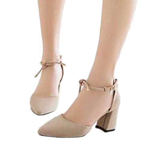 Giày cao gót vuông 7cm bít mũi kem thắt nơ chuông