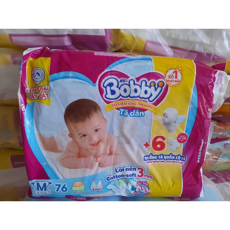Tã dán bobby mẫu mới size M 76 miếng tặng thêm 6 miếng tả quần  cho bé 6-11kgtã bobby dán size L 68 miếng cho bé 9-13kg