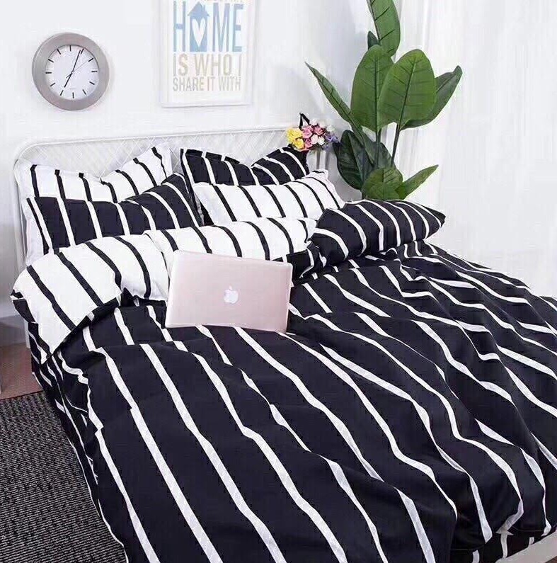 Bộ chăn ga gối phong cách Hàn Quốc sọc trắng đen bo chun đủ kích thước.