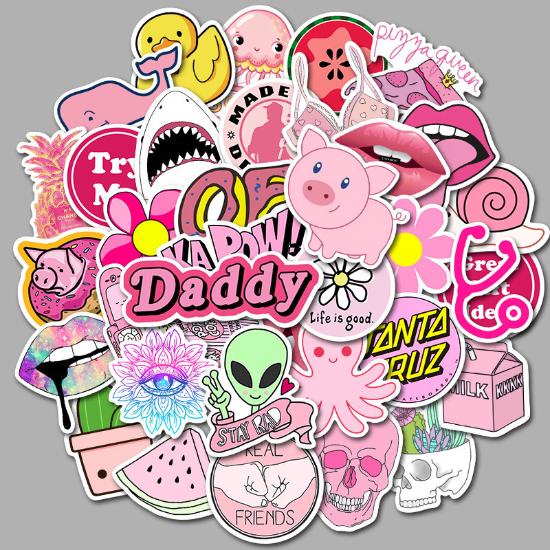 Bộ 50 sticker chống nước màu hồng dán xe, dán mũ bảo hiểm, dán laptop... az037