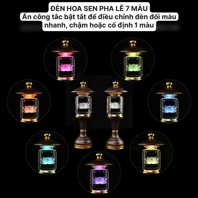 CẶP 2 CÂY ĐÈN LED HOA SEN PHA LÊ THỜ CÚNG TRANG TRÍ