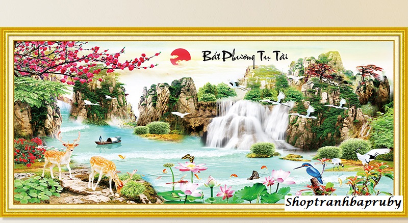Tranh đính đá lưu thủy sinh tài lg1591 kích thước 120 x 55 cm