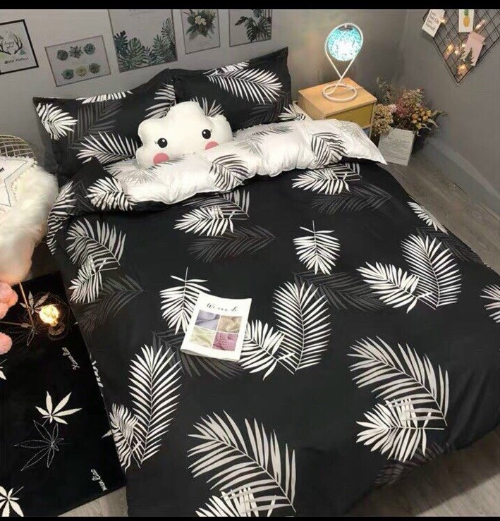 Bộ vỏ chăn ga gối cotton poly nhập khẩu set 4 món mẫu lá trắng nền đen Bà Béo  Kho chăn ga gối, ga giường, drap giường
