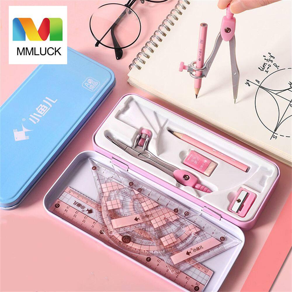 MMLUCK Back To School 8pcs/set Math Measuring Tool Eraser Iron Packaging For Students Compasses Set Straight Ruler Math Drawing Tool Geometry Protractor