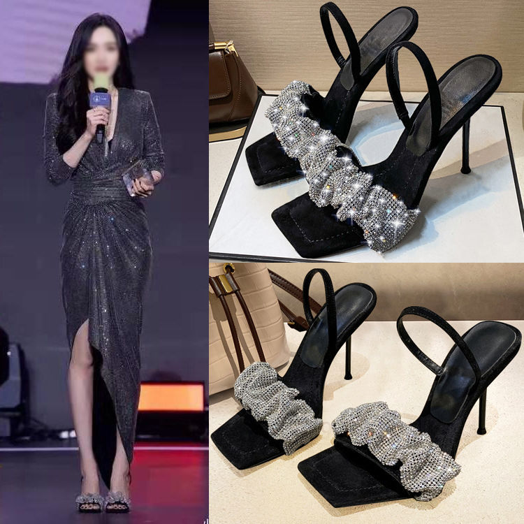 Xăng đan màu đen nữ / giày gót nhọn mới với giày cao gót gót vuông mũi vuông rhinestone phụ nữ