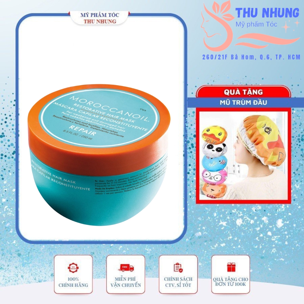 [+Tặng mũ trùm]Mặt nạ ủ phục hồi tóc hư tổn Moroccanoil Repair Restorative Hair mask 250ml (Viền cam)