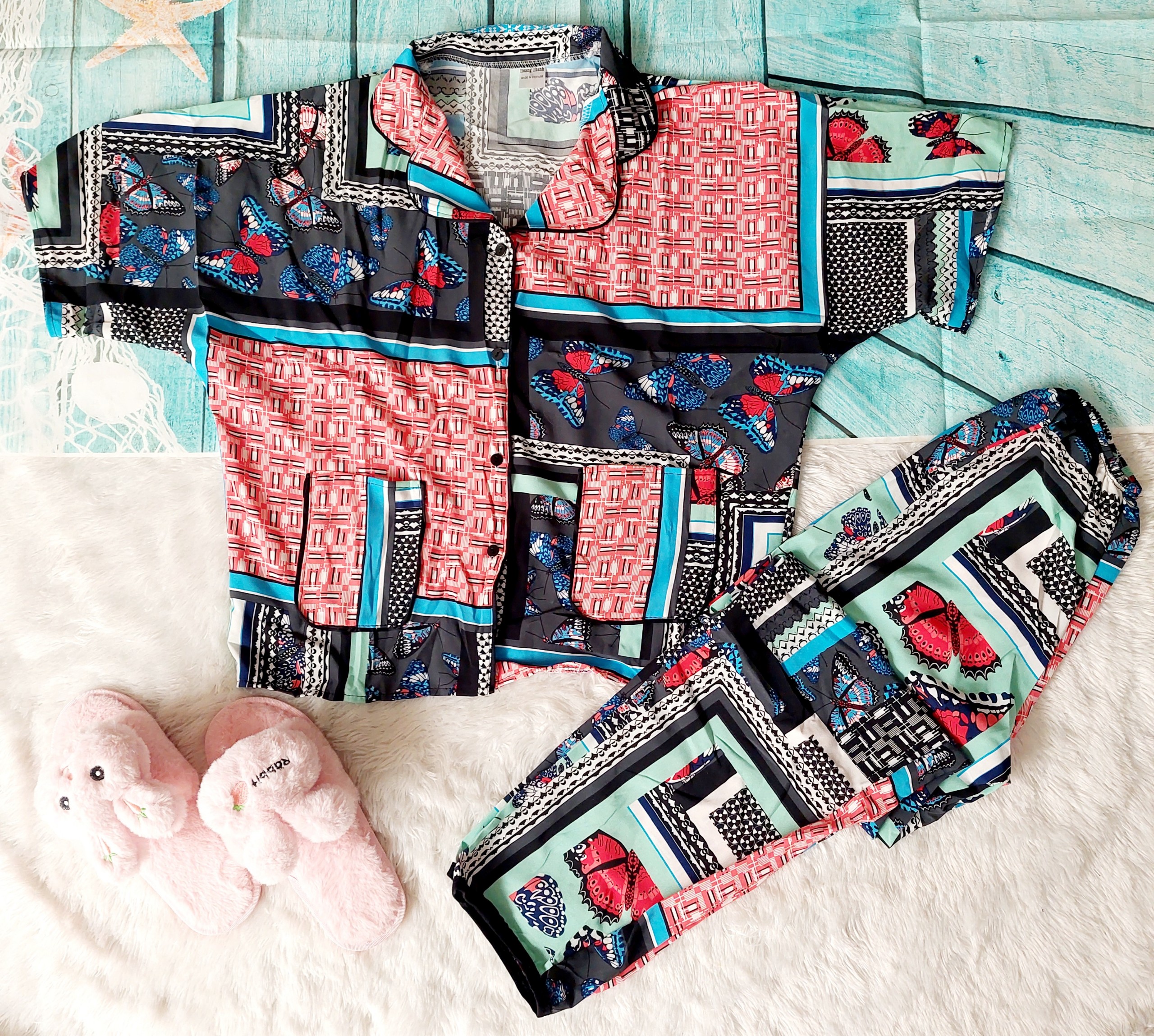 Bộ ngủ pijama cánh dơi quần dài chất lụa hàn hoạ tiết dễ thương freesize từ 48-65kg