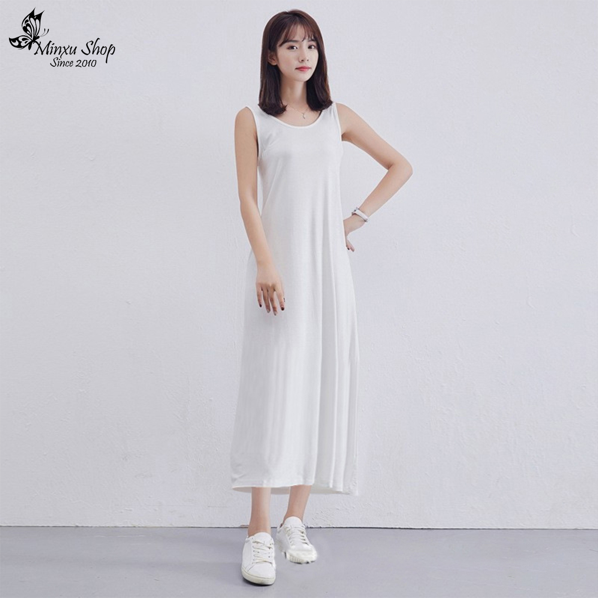 Váy ngủ sát nách cổ tròn, váy mặc lót chất thun lạnh mỏng mềm mịn mát mùa hè hàng QC Minxu shop VSN