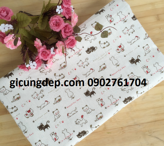 [HCM]Vải canvas vải bố mẫu mèo happy