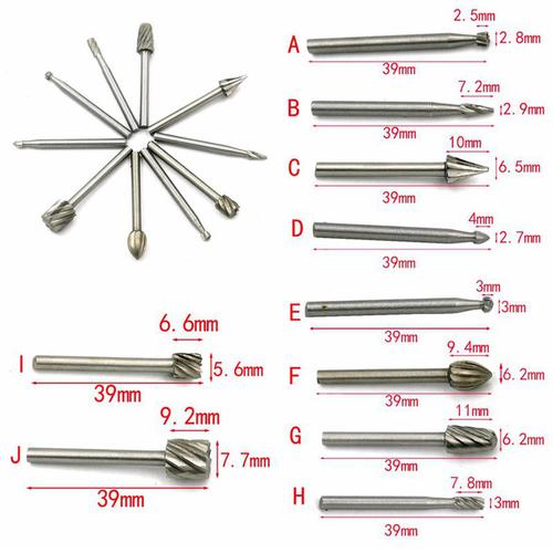 Bộ 10 đầu mũi mài chạm khắc làm lũa gỗ HSS - Mủi lũa mini cán 3mm