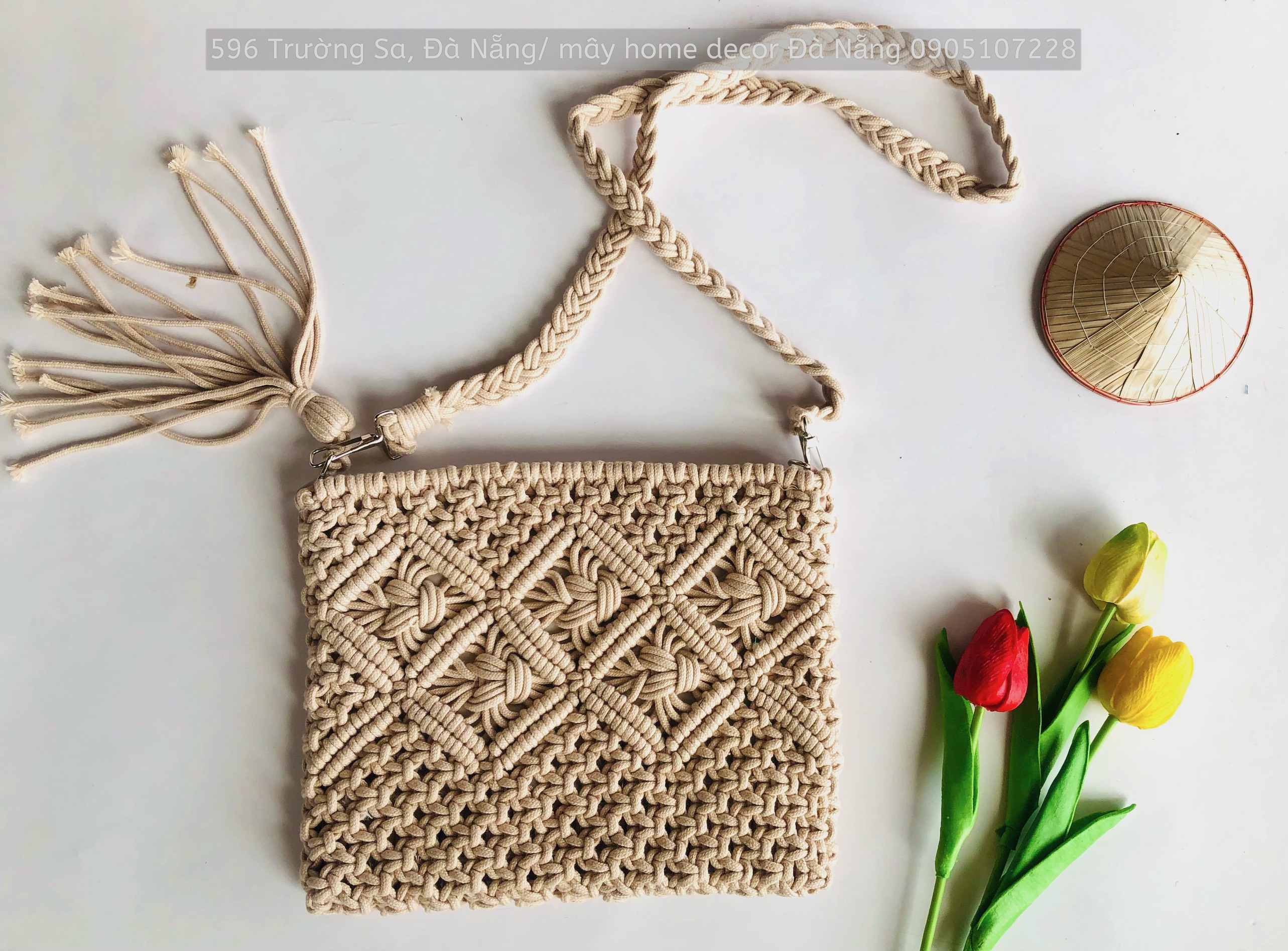 [Hàng Handmade] Túi Đeo Cho Nữ Phong Cách Vintage, Ví Len Macrame Có Dây Đeo Nhỏ Gọn Phù Hợp Với Đi Dự Tiệc, Ăn Cưới- Macrame Clutch with the cross strings