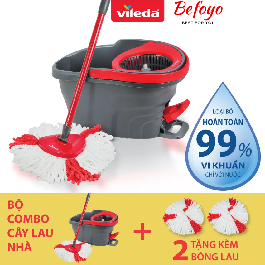 Cây lau nhà xoay 360 độ VILEDA Turbo Easy Wring&Clean đầu lau tam giác, xô giặt quay bằng chân, bông lau bằng vải sợi microfibre cao cấp - thêm 2 bông lau
