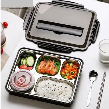 Hộp Cơm Văn Phòng Khay Inox 5 Ngăn Có Bát Để Canh Bọc Nhựa Bên Ngoài - Có Giá Điện Thoại Tặng Thìa Đũa Inox Cao Cấp
