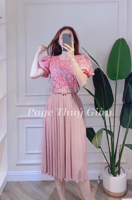 Chân váy xếp ly dáng dài kèm đai ( đai lỗ)
