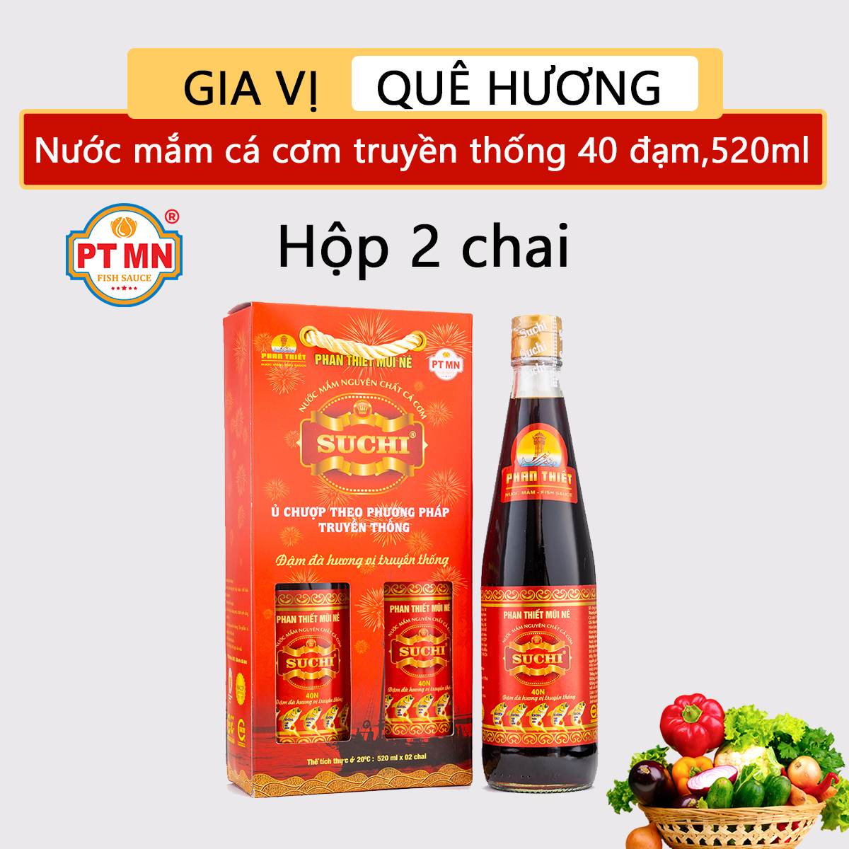 [HCM]Nước mắm cá cơm truyền thống Phan Thiết Mũi Né 40 đạm 520ml (Hộp 2 chai)