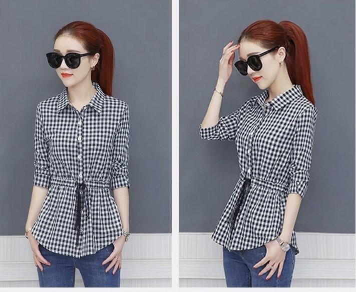 Áo sơ mi nữ sọc caro dây rút eo cao cấp