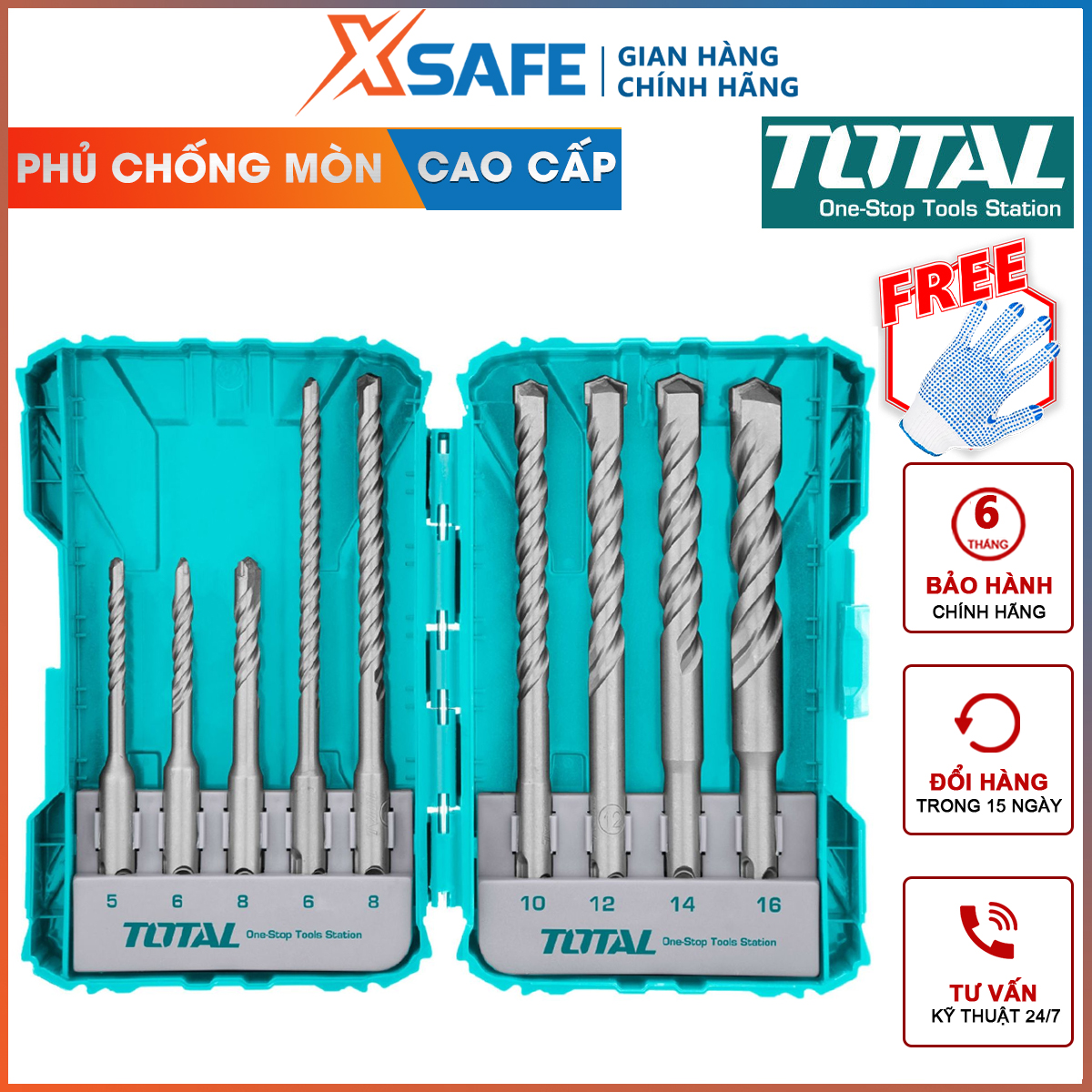 Set 9 drill concrete Total TACSDL30901 combo 9 drill head tuck 9 nose size from 5-16mm, drill bit alloy steel, professional drilling concrete, wall, Iron Steel, wear-resistant, rust [xsafe] [XTools]