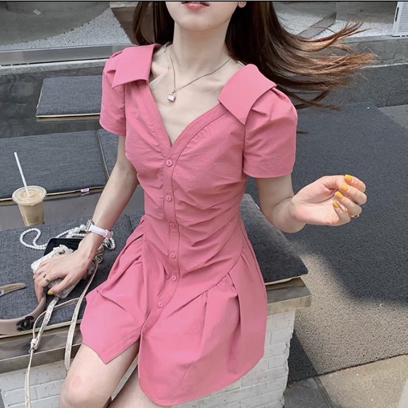 Váy đầm sơ mi bo eo dáng xoè kèm ảnh thật