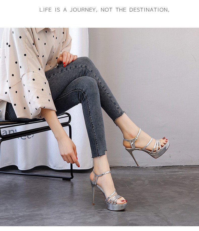 Giày Sandal cao gót 10p DHS33, xăng đan độn đế quai ánh vàng bạc