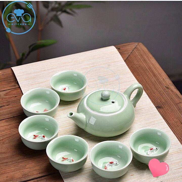 [HCM]Bộ Ấm Chén Trà Men Ngọc Cá 3D Xanh Nhạt