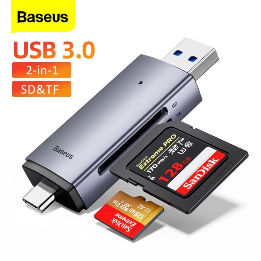 Đầu đọc thẻ nhớ Baseus Lite Series USB-A & Type-C to SD/TF Card Reader 2 trong 1 WKQX060113 [HÀNG