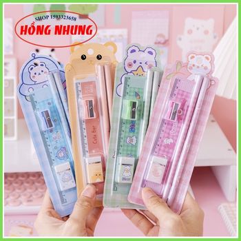 [ Sale Lớn] Bộ Combo Học Tập Xinh Xắn ( 2 Bút Chì, 1 Cục Gôm, 1 Thước, 1 Đồ Chuốt)