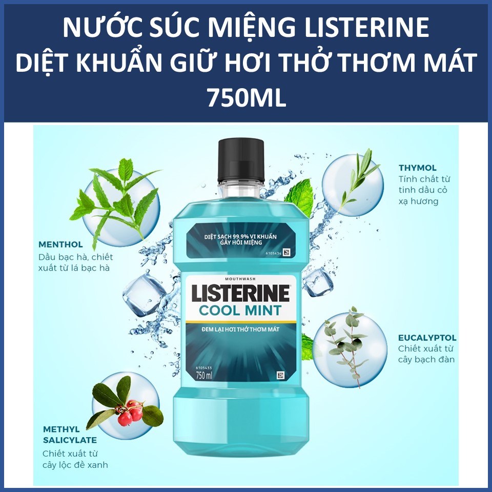 [HCM ship 2h] Nước Súc Miệng Listerine Diệt Khuẩn Hơi Thở Thơm Mát Chai 750ML