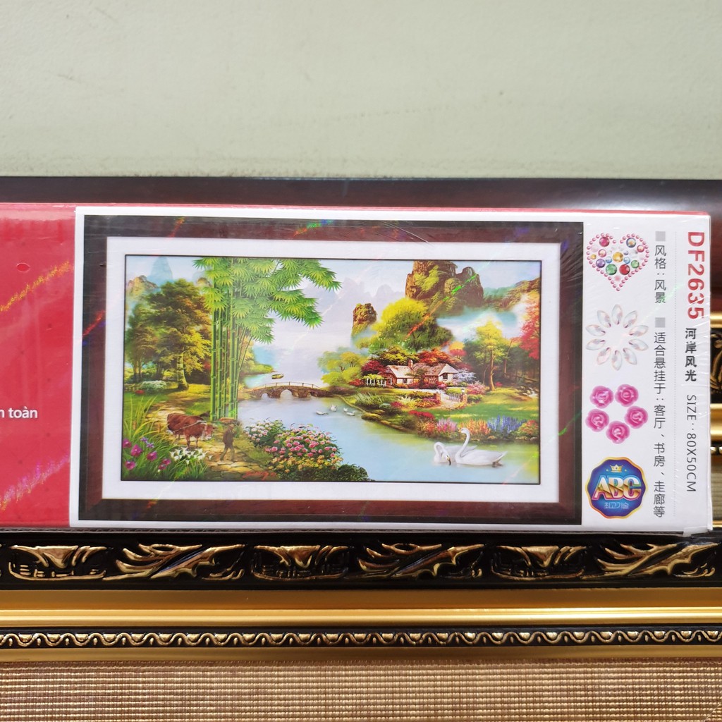 Tranh Đính Đá LÀNG QUÊ THANH BÌNH (ĐÁ ABC CAO CẤP). Kích Thước: 80cm x 50cm