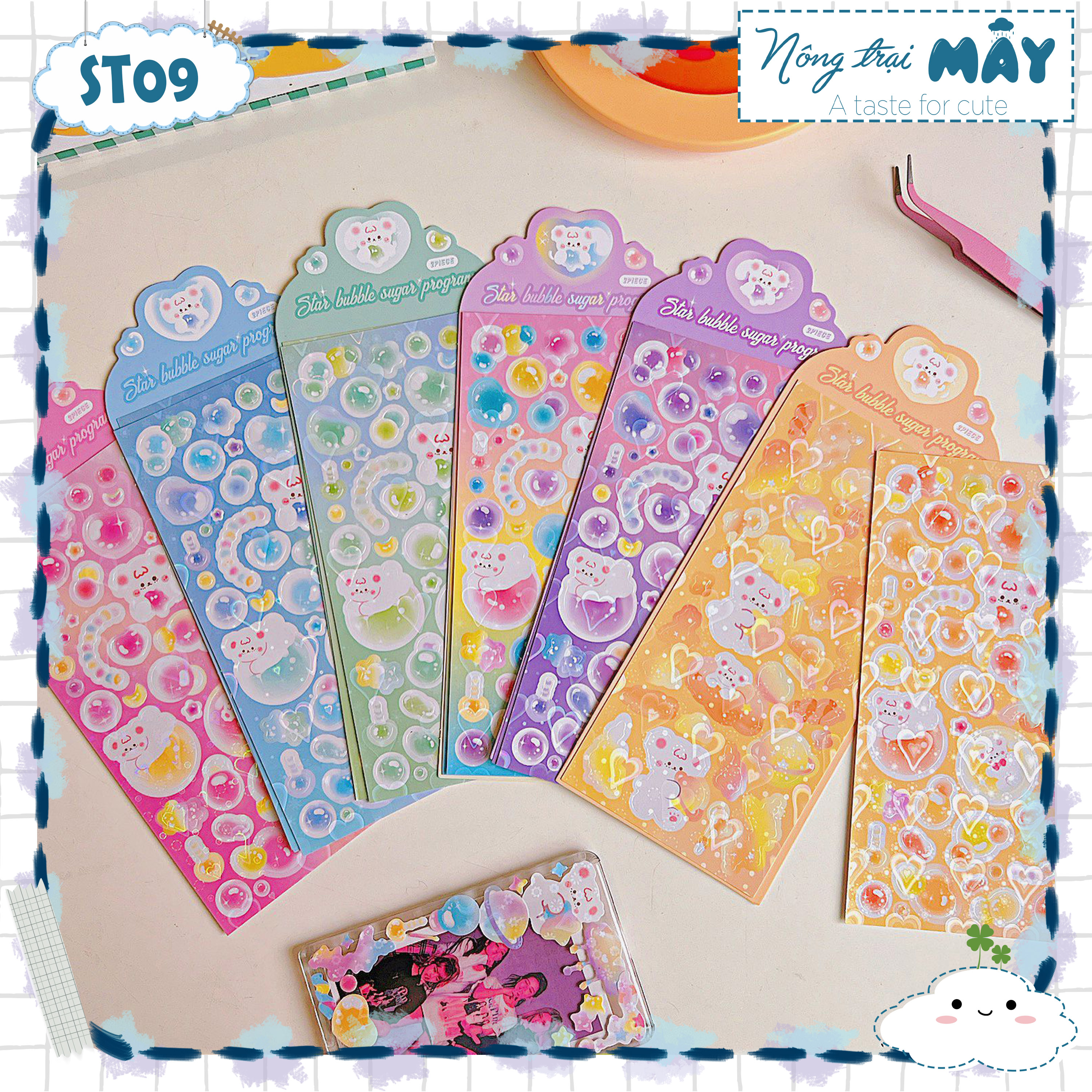 Sticker nhãn dán hình bong bóng và gấu cute trang trí sổ toploader