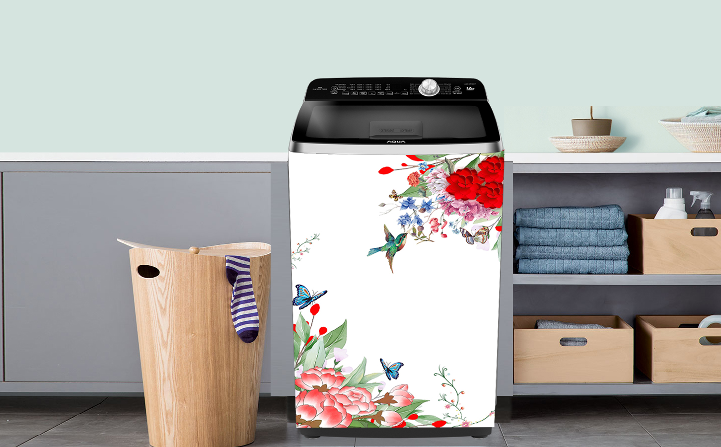 Decal trang trí máy giặt cao cấp - Decal in trên chất liệu PVC có keo sẵn ở mặt sau chỉ cần lột ra và dán