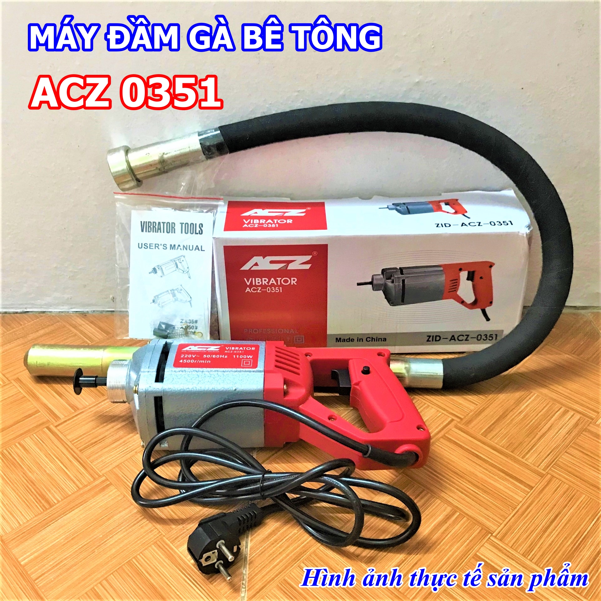 Máy đầm dùi betong cầm tay acz 0351 - kèm sẵn dây đầm 1m2 - bảo hành chính hãng 6 tháng
