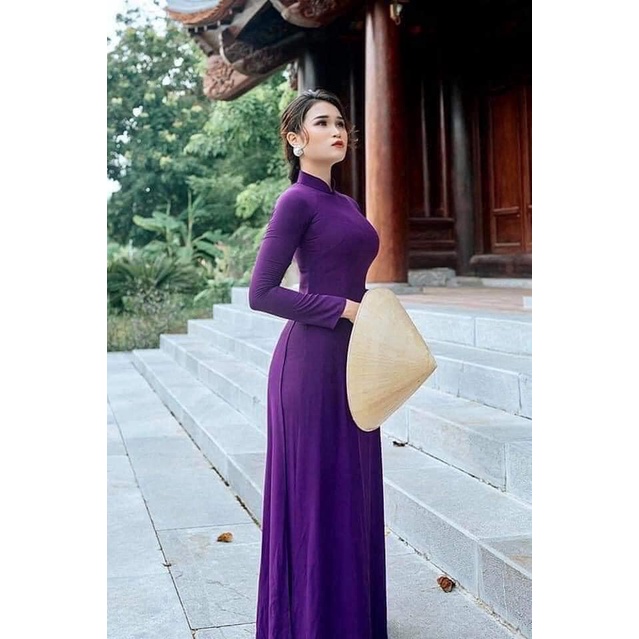 Áo dài trơn truyền thống màu Tím huế 4 tà kèm quần 2 lớp, Lụa chiffon dày dặn, co giãn 4 chiều giá rẻ tận xưởng Áo dài Ngọc Trang