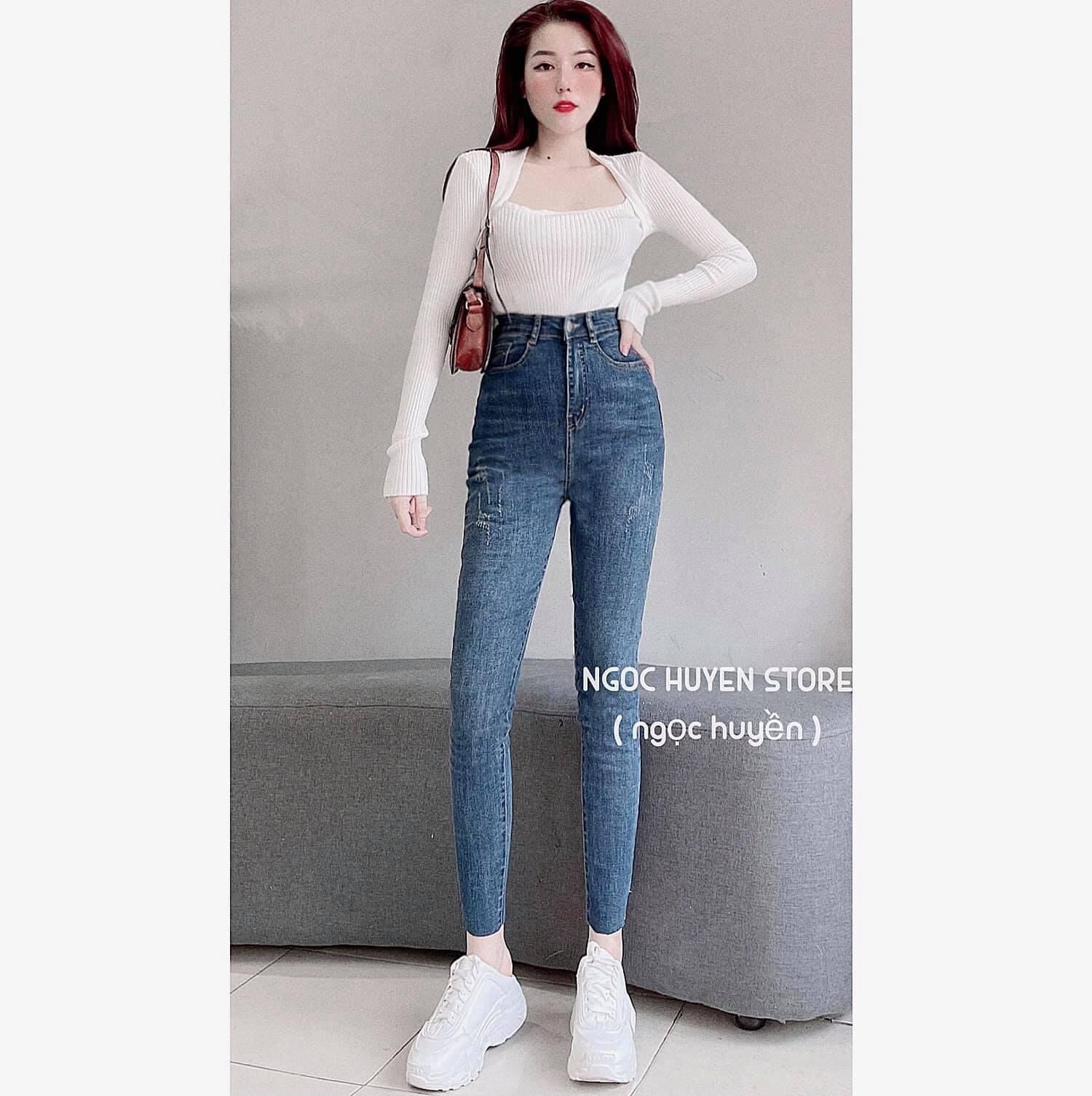 Set jeans dài lưng cao trơn + áo gân cổ vuông