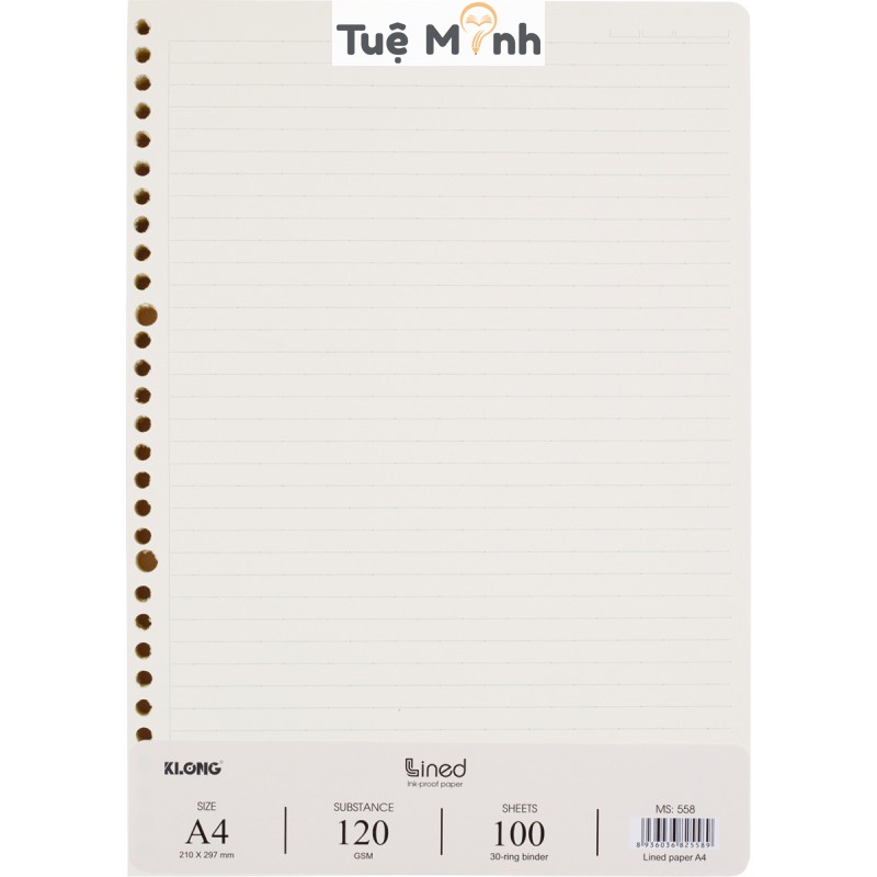 Ruột sổ còng Klong A4 tập 100 tờ caro/dotgrid/ kẻ ngang, VPP Tuệ Minh giấy refill binder Klong 120gsm